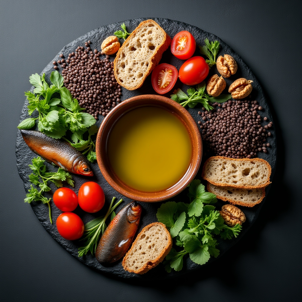 Overhead flat-lay of diverse Mediterranean foods arranged in circular pattern on dark slate surface, professional food photography with dramatic side lighting