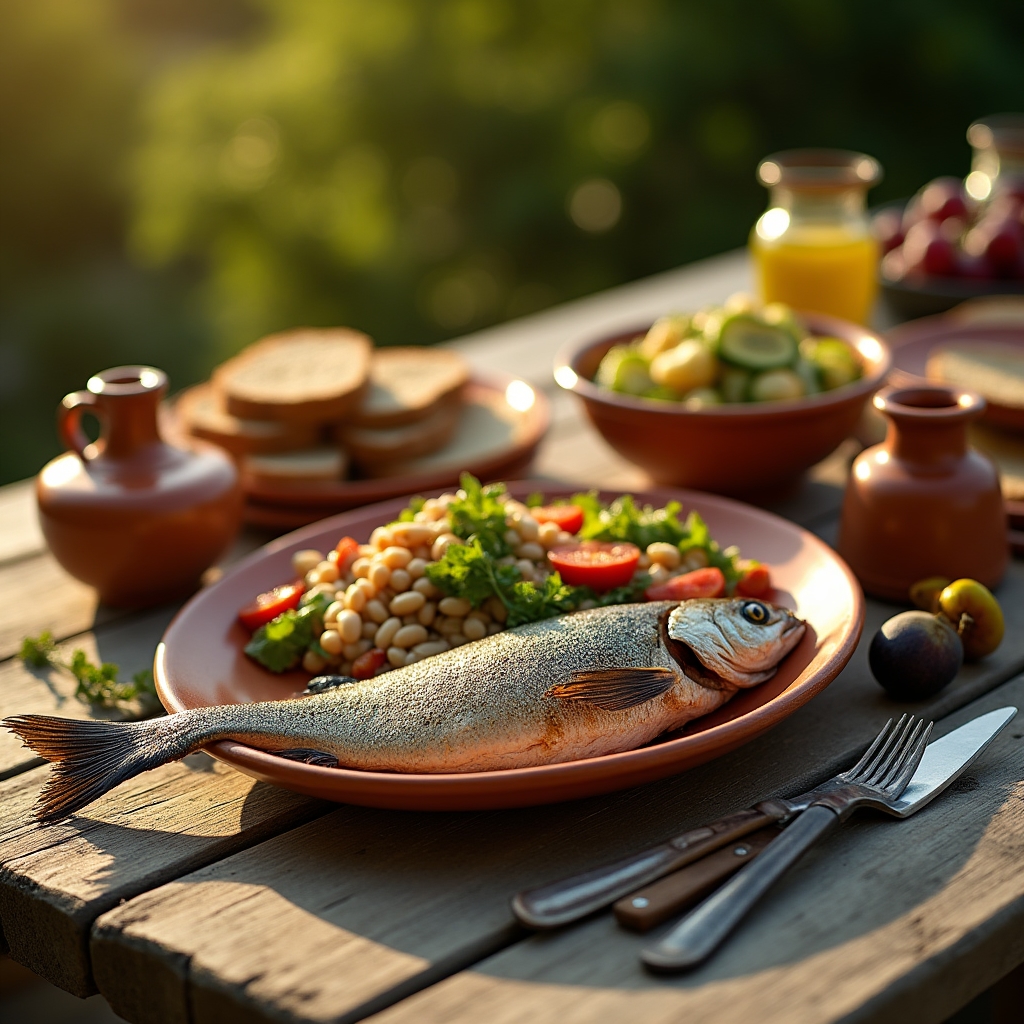 Wide shot of authentic Mediterranean meal spread with olive oil, fresh vegetables, fish, legumes and whole grain bread on rustic wooden table, warm golden hour lighting