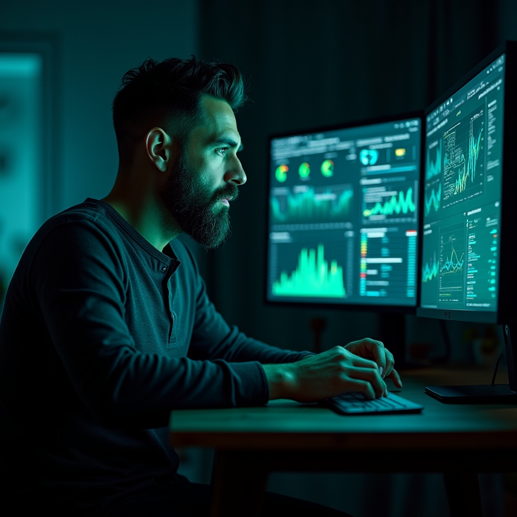 Man in his early 40s with beard analyzing complex nutrition data charts on dual monitor setup, focused concentration, dark room with neon screen glow, high contrast