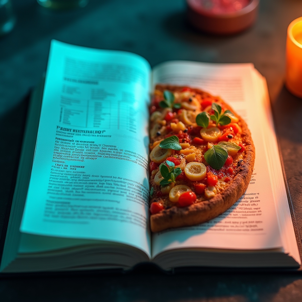 Split composition showing scientific journal pages beside colorful social media food photography, cool teal laboratory lighting